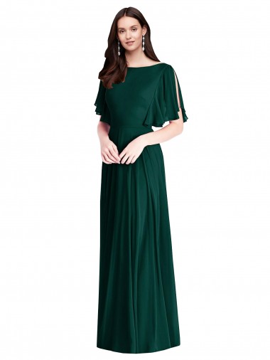 Compre Evergreen línea A Barco Gasa Largo Vestidos de dama de honor