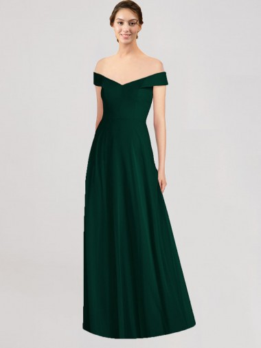 Compre Evergreen línea A Hombros Descubiertos Cuello en V Gasa Largo Vestidos de dama de honor
