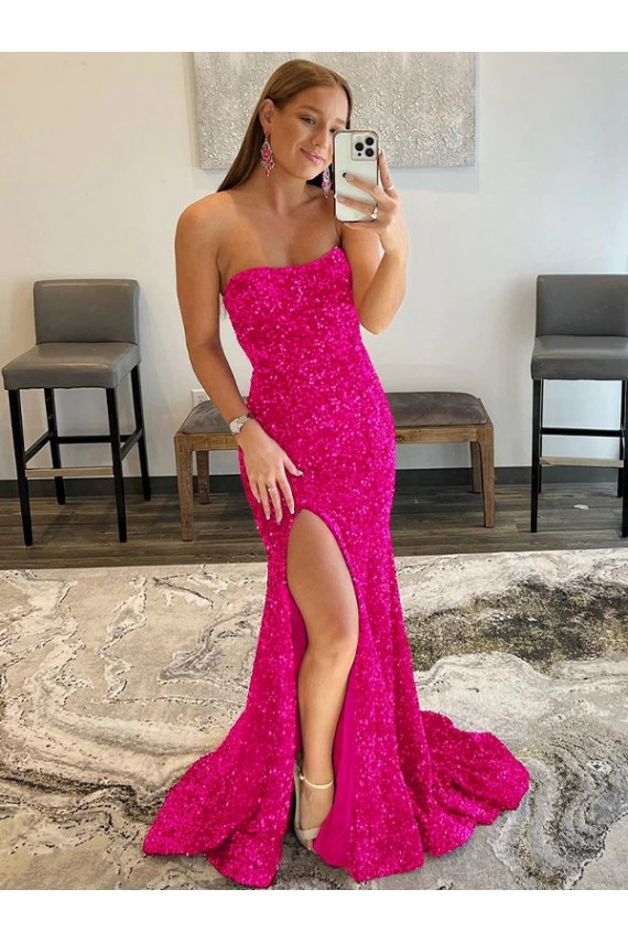 Compre Fucsia Cubierta Sin tirantes Barrer tren Lentejuelas Terciopelo Largo Vestidos de fiesta
