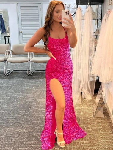 Compre Fucsia Cubierta Tirantes espagueti Barrer tren Lentejuelas Terciopelo Largo Vestidos de fiesta