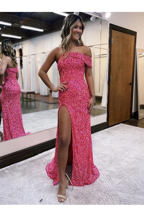 Compre Fucsia Cubierta Un Hombre Barrer tren Lentejuelas Terciopelo Largo Vestidos de fiesta