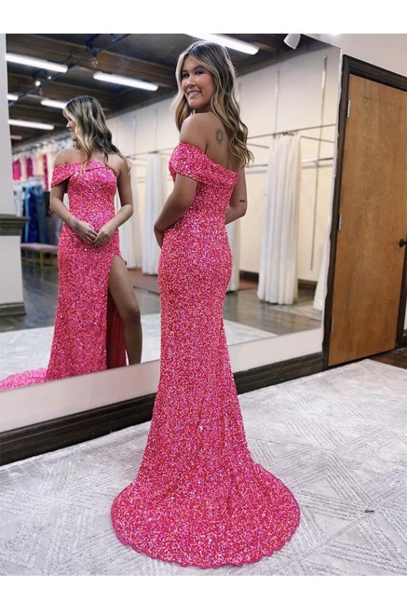 Compre Fucsia Cubierta Un Hombre Barrer tren Lentejuelas Terciopelo Largo Vestidos de fiesta