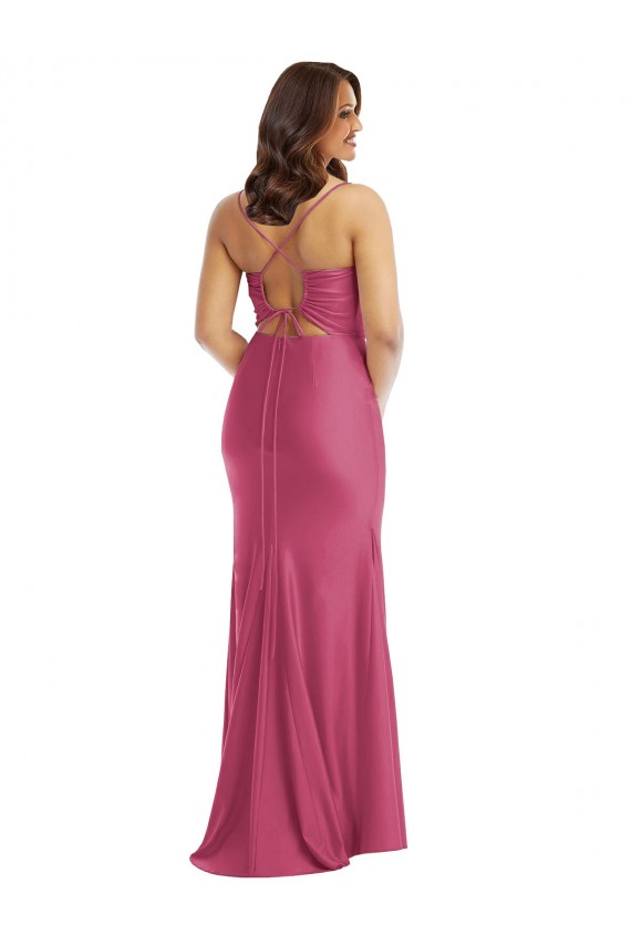 Compre Fucsia Sirena Tirantes espagueti Satén sedoso Largo Formales Vestidos de dama de honor / Vestidos de fiesta