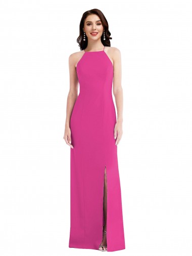 Compre Fucsia Trompeta Halter Cuello Alto Crepé Elástico Largo Formales Vestidos de dama de honor / Vestidos de fiesta