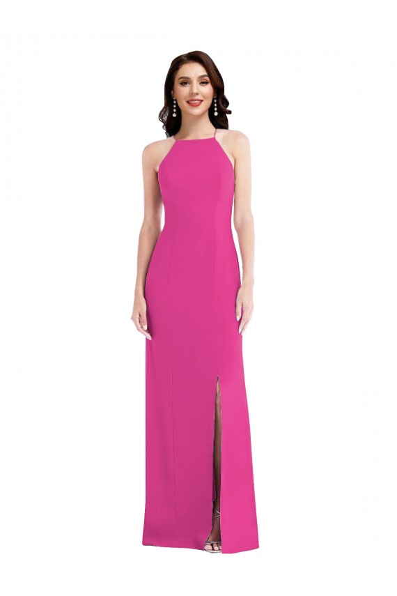 Compre Fucsia Trompeta Halter Cuello Alto Crepé Elástico Largo Formales Vestidos de dama de honor / Vestidos de fiesta