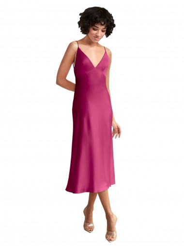 Compre Fucsia línea A Cuello en V Midi Satén elástico Corto Formales Vestidos de dama de honor / Vestidos de fiesta / Vestidos de cóctel