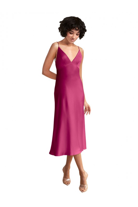Compre Fucsia línea A Cuello en V Midi Satén elástico Corto Formales Vestidos de dama de honor / Vestidos de fiesta / Vestidos de cóctel