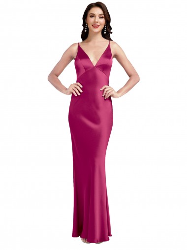 Compre Fucsia línea A Tirantes espagueti Cuello en V Satén elástico Largo Formales Vestidos de dama de honor / Vestidos de fiesta