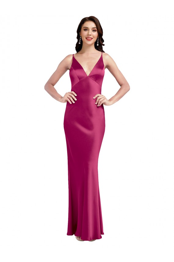 Compre Fucsia línea A Tirantes espagueti Cuello en V Satén elástico Largo Formales Vestidos de dama de honor / Vestidos de fiesta