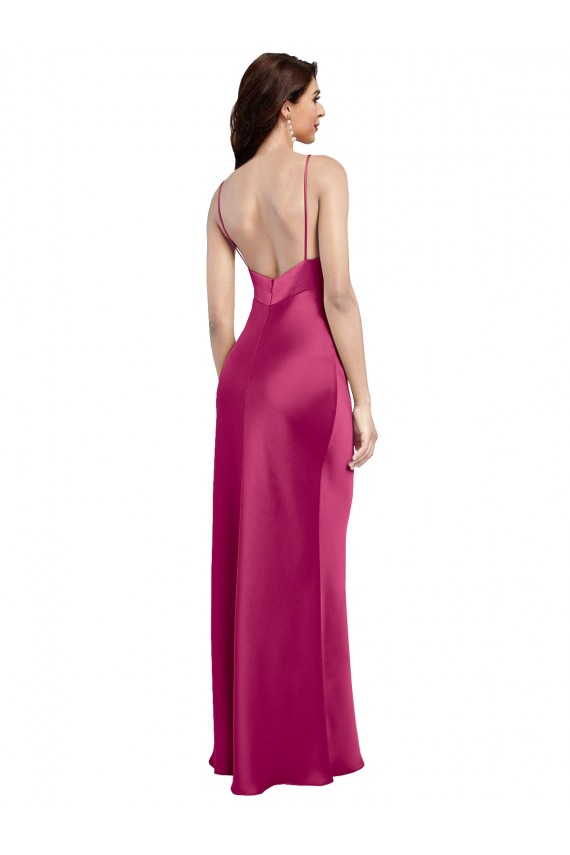 Compre Fucsia línea A Tirantes espagueti Cuello en V Satén elástico Largo Formales Vestidos de dama de honor / Vestidos de fiesta