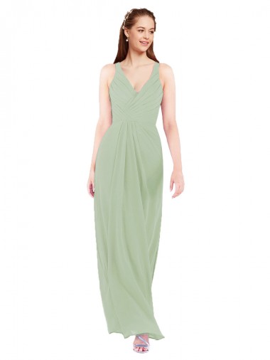 Compre Humo Verde Cubierta Cuello en V Gasa Largo Vestidos de dama de honor