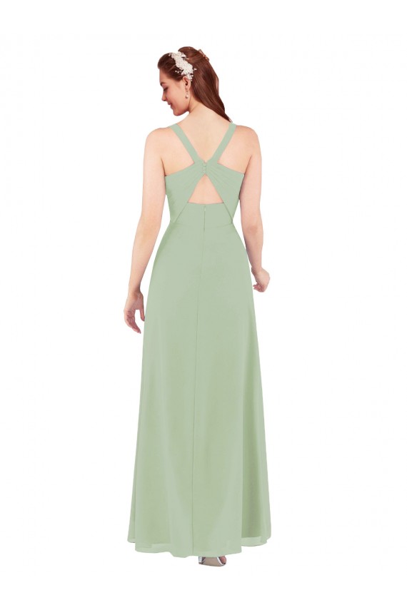 Compre Humo Verde Cubierta Cuello en V Gasa Largo Vestidos de dama de honor