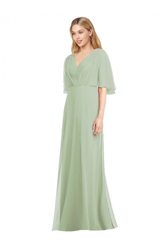 Compre Humo Verde Trompeta Cuello en V Gasa Largo Vestidos de dama de honor