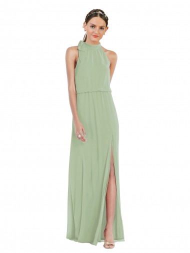 Compre Humo Verde línea A Cuello Alto Gasa Largo Vestidos de dama de honor