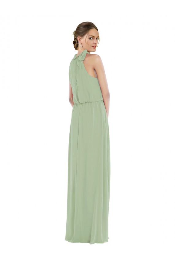 Compre Humo Verde línea A Cuello Alto Gasa Largo Vestidos de dama de honor