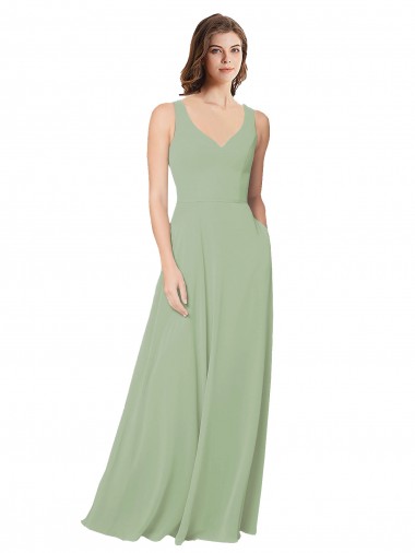 Compre Humo Verde línea A Cuello de Corazón Gasa Largo Vestidos de dama de honor