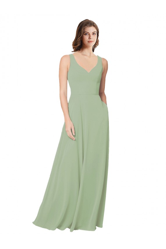 Compre Humo Verde línea A Cuello de Corazón Gasa Largo Vestidos de dama de honor