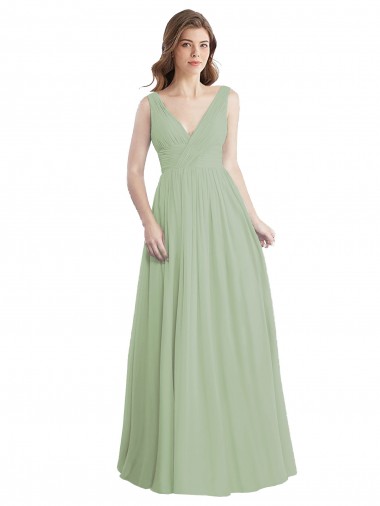 Compre Humo Verde línea A Cuello en V Gasa Largo Vestidos de dama de honor