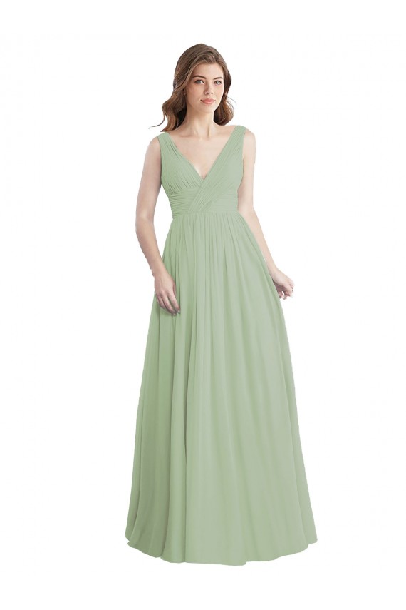 Compre Humo Verde línea A Cuello en V Gasa Largo Vestidos de dama de honor