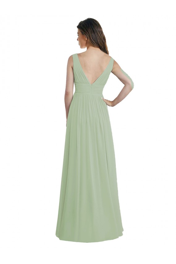 Compre Humo Verde línea A Cuello en V Gasa Largo Vestidos de dama de honor