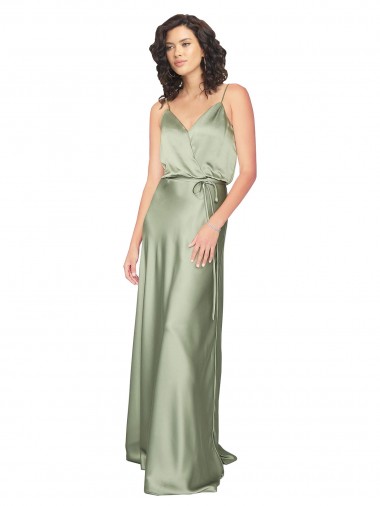 Compre Humo Verde línea A Cuello en V Satén sedoso Largo Formales Vestidos de dama de honor / Vestidos de noche