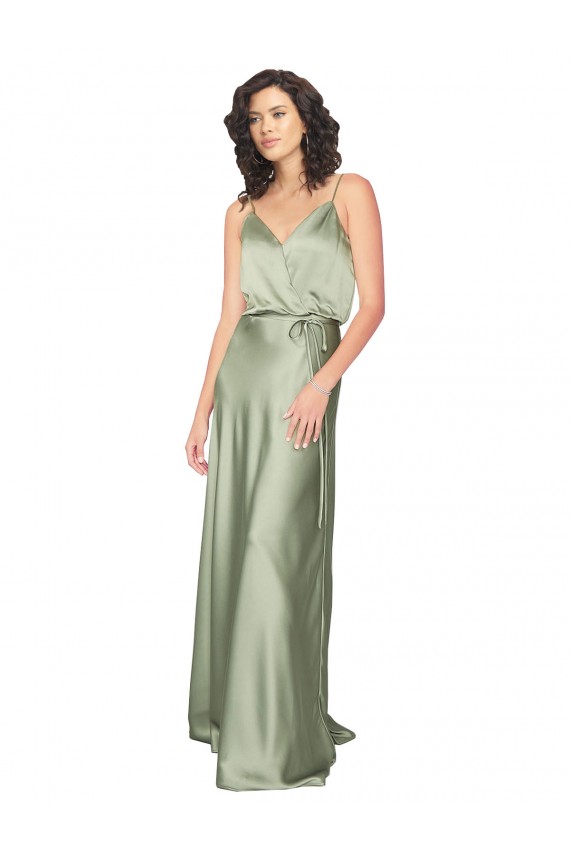 Compre Humo Verde línea A Cuello en V Satén sedoso Largo Formales Vestidos de dama de honor / Vestidos de noche