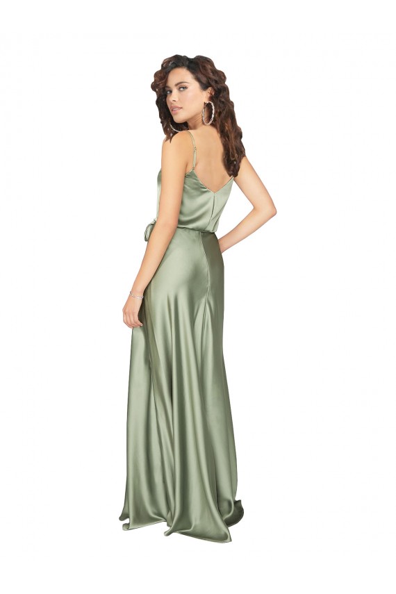 Compre Humo Verde línea A Cuello en V Satén sedoso Largo Formales Vestidos de dama de honor / Vestidos de noche