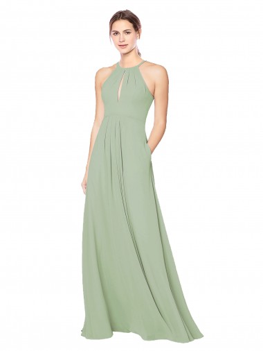 Compre Humo Verde línea A Halter Gasa Largo Vestidos de dama de honor