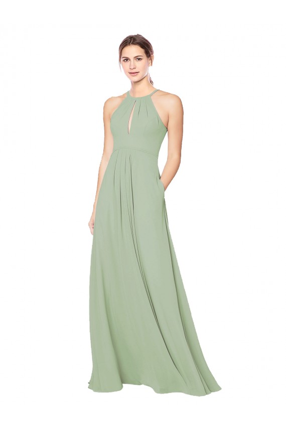 Compre Humo Verde línea A Halter Gasa Largo Vestidos de dama de honor