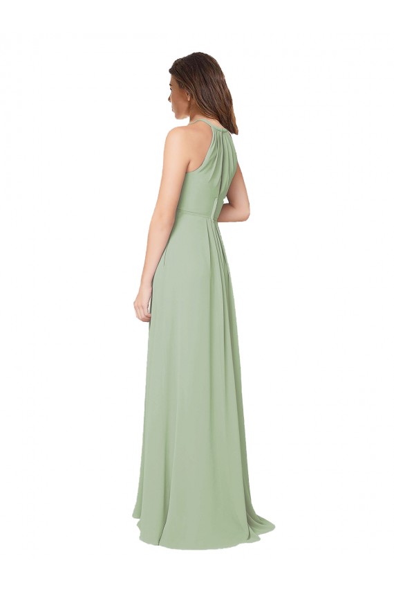 Compre Humo Verde línea A Halter Gasa Largo Vestidos de dama de honor