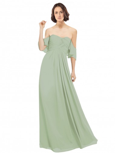Compre Humo Verde línea A Hombros Descubiertos Gasa Largo Vestidos de dama de honor