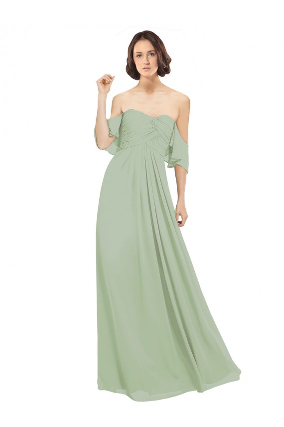 Compre Humo Verde línea A Hombros Descubiertos Gasa Largo Vestidos de dama de honor