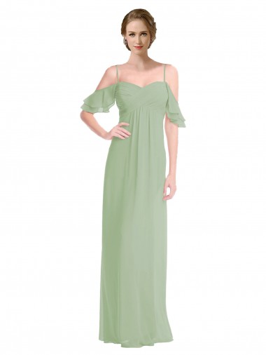 Compre Humo Verde línea A Hombros Descubiertos Tirantes espagueti Gasa Largo Vestidos de dama de honor