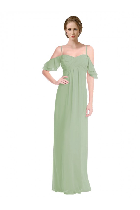 Compre Humo Verde línea A Hombros Descubiertos Tirantes espagueti Gasa Largo Vestidos de dama de honor