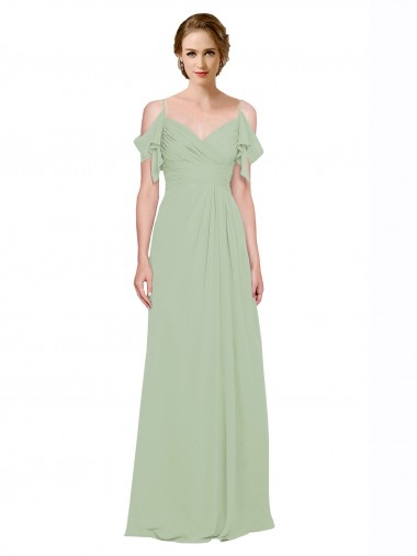 Compre Humo Verde línea A Hombros Descubiertos Tirantes espagueti Gasa Largo Vestidos de dama de honor