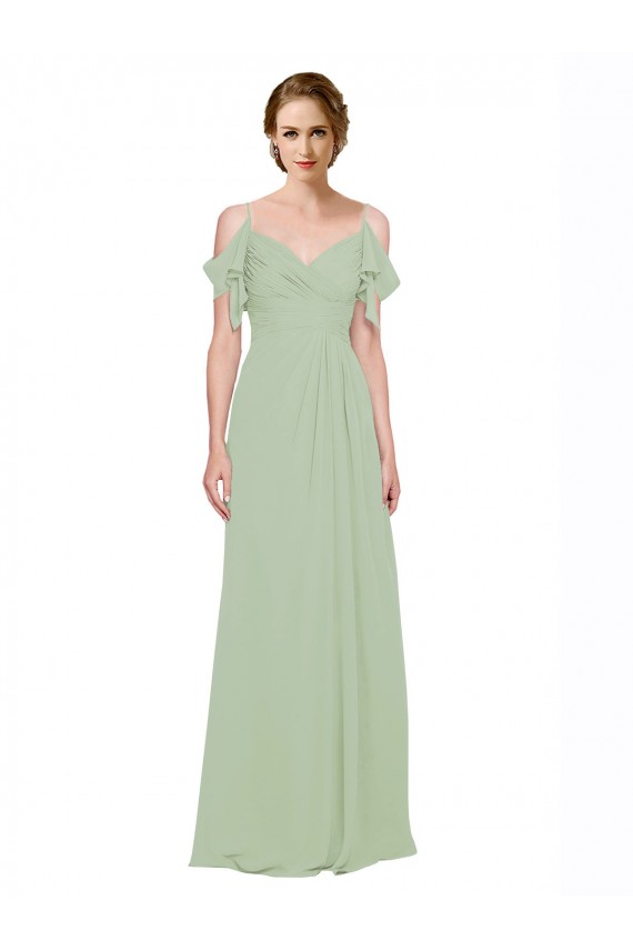 Compre Humo Verde línea A Hombros Descubiertos Tirantes espagueti Gasa Largo Vestidos de dama de honor