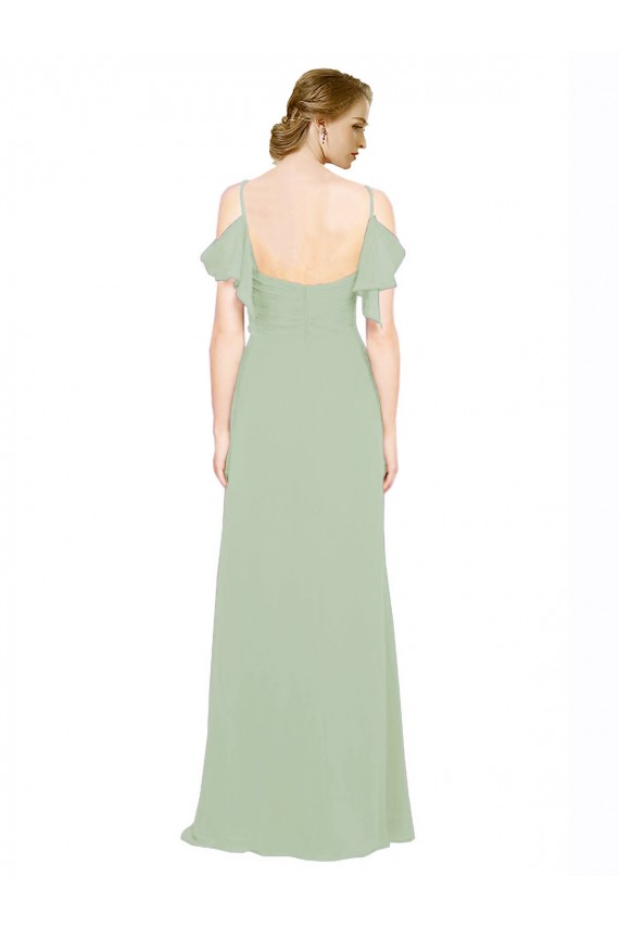 Compre Humo Verde línea A Hombros Descubiertos Tirantes espagueti Gasa Largo Vestidos de dama de honor