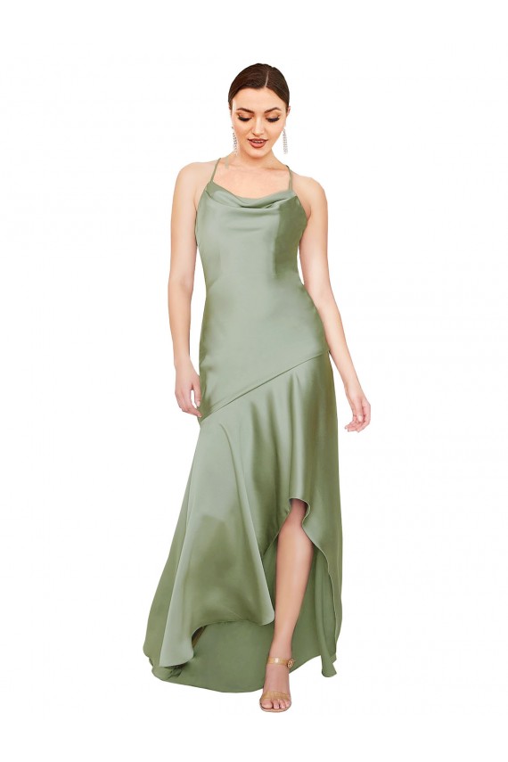 Compre Humo Verde línea A Satén sedoso Largo Asimétrico Formales Vestidos de dama de honor / Vestidos de fiesta
