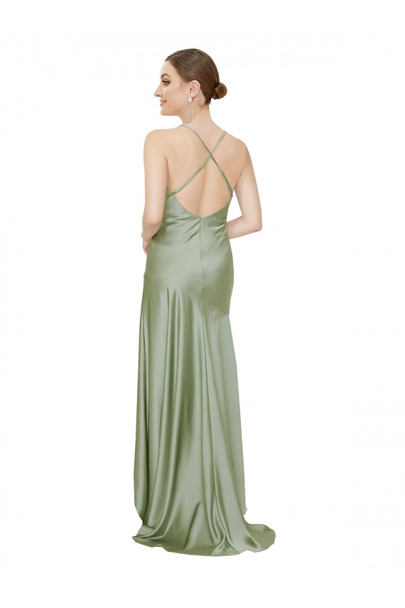 Compre Humo Verde línea A Satén sedoso Largo Asimétrico Formales Vestidos de dama de honor / Vestidos de fiesta