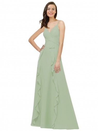 Compre Humo Verde línea A Tirantes espagueti Cuello en V Gasa Largo Vestidos de dama de honor