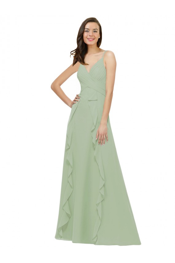 Compre Humo Verde línea A Tirantes espagueti Cuello en V Gasa Largo Vestidos de dama de honor
