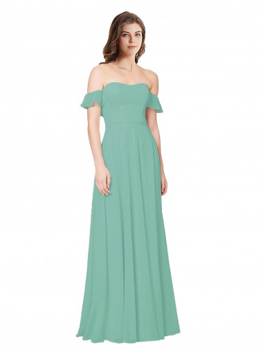 Compre Jade línea A Hombros Descubiertos Gasa Largo Vestidos de dama de honor