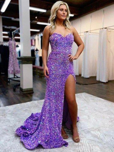 Compre Lavanda línea A Cuello de Corazón Cola corte Lentejuelas Terciopelo Largo Vestidos de fiesta