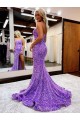 Compre Lavanda línea A Cuello de Corazón Cola corte Lentejuelas Terciopelo Largo Vestidos de fiesta