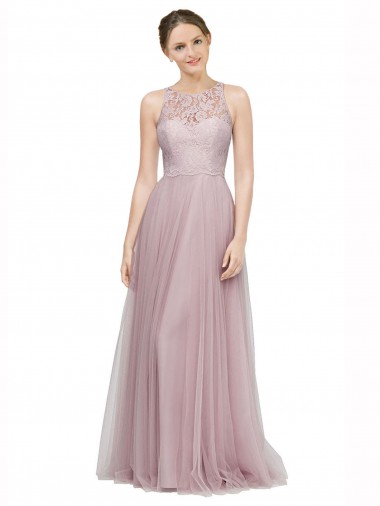 Compre Light Lilac línea A Cuello de Corazón Tul Encaje Largo Vestidos de dama de honor
