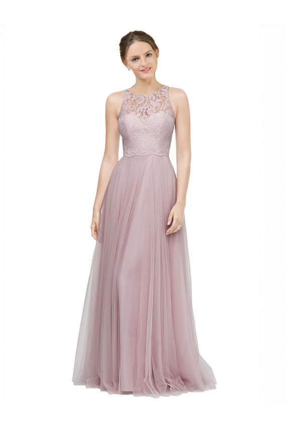 Compre Light Lilac línea A Cuello de Corazón Tul Encaje Largo Vestidos de dama de honor