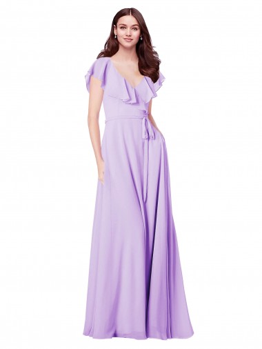 Compre Lila línea A Cuello en V Gasa Largo Vestidos de dama de honor