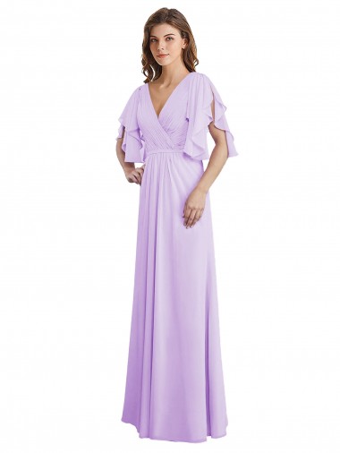 Compre Lila línea A Cuello en V Gasa Largo Vestidos de dama de honor