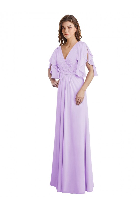 Compre Lila línea A Cuello en V Gasa Largo Vestidos de dama de honor