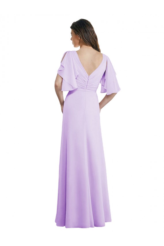 Compre Lila línea A Cuello en V Gasa Largo Vestidos de dama de honor